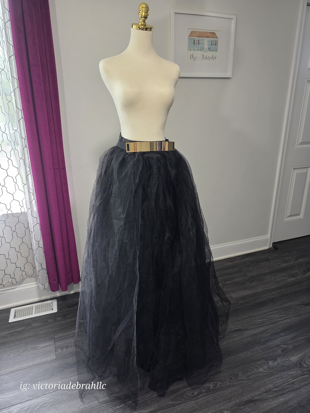 Black Tulle Maxi Skirt with Metallic Gold Waistband